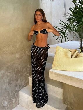NWT SHEIN Black Polka Dot Bandeau Bikini Set with Sheer Sarong